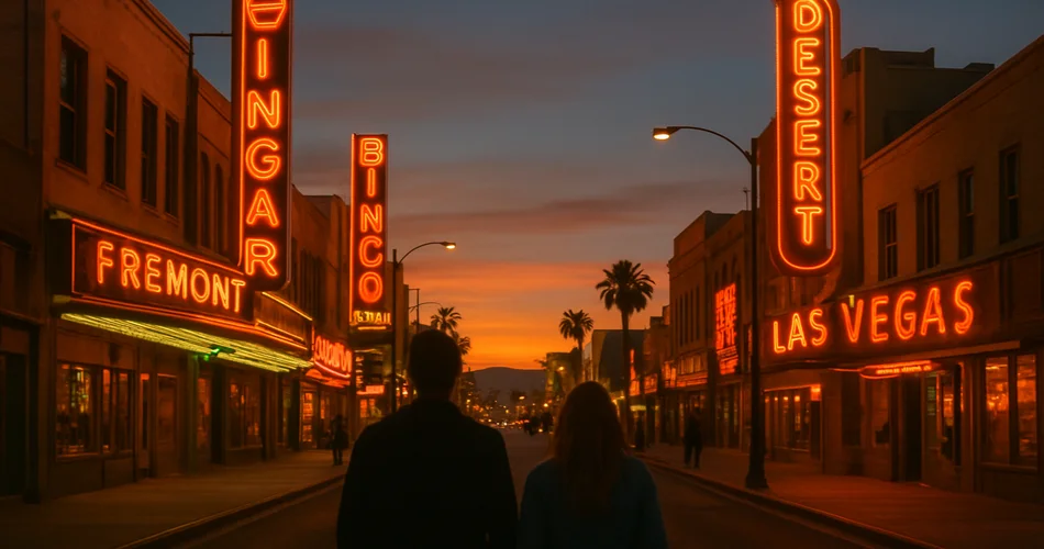 A historic downtown Las Vegas street glows with vintage neon at dusk.