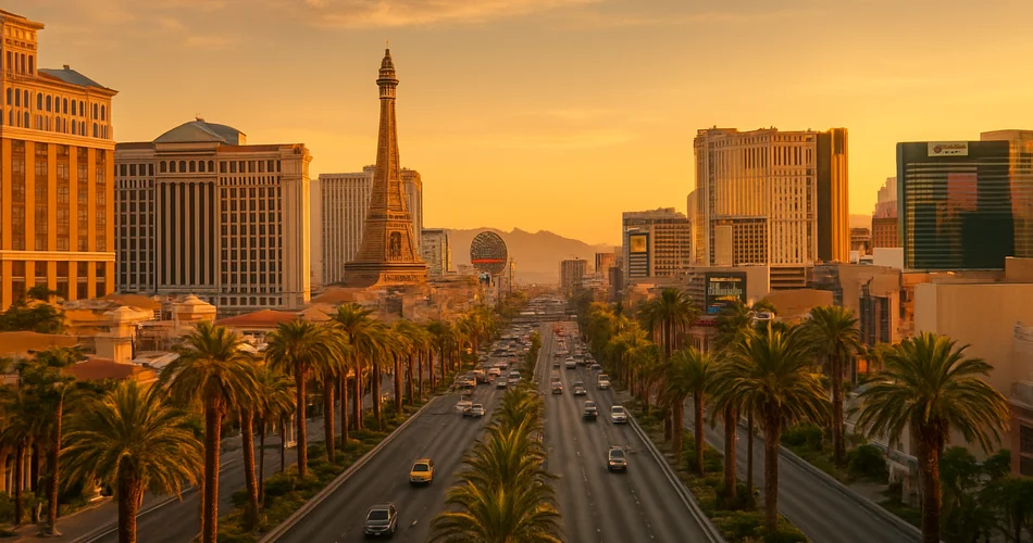 The Las Vegas Strip stretches beneath a warm desert sky.