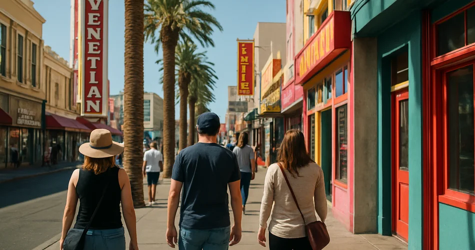 Pedestrians walk along a compact downtown Las Vegas sidewalk.