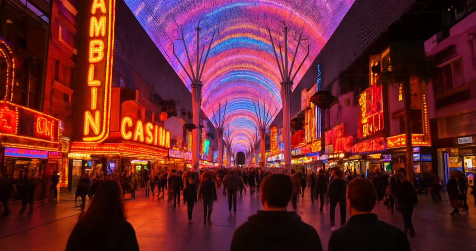 A lively downtown pedestrian street glows beneath a canopy of lights.